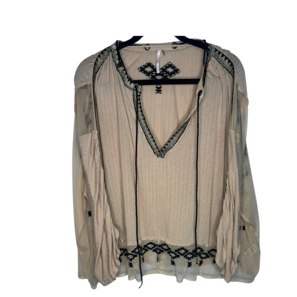 Free People Tunic Blouse Womens S Ivory Boho Embroidered V-Neck